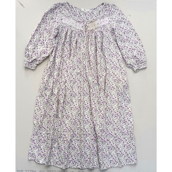 Eileen West Cotton Flannel Nightgown Purple Small Floral Print Lace Trim Sz M - Picture 8 of 8